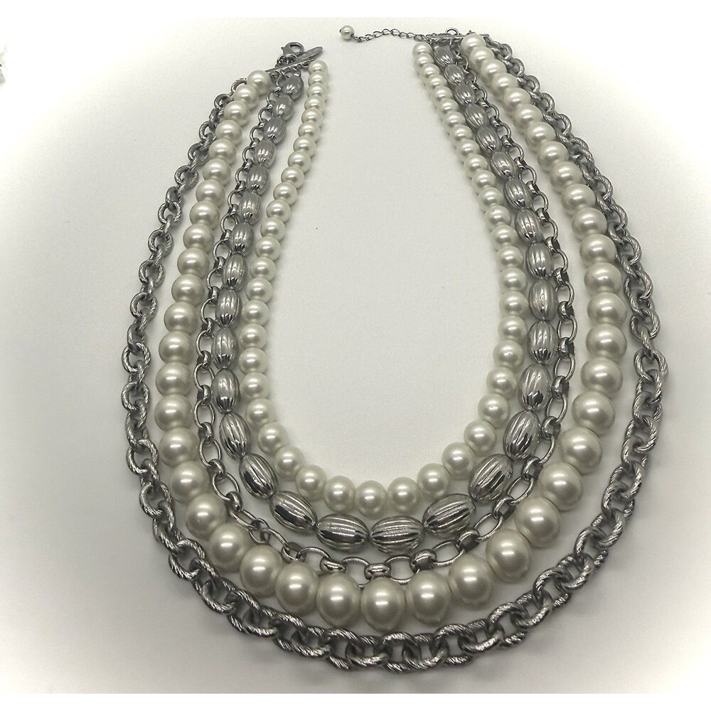WHBM Chunky Layered Faux Pearl & Silvertone Chains Statement Necklace